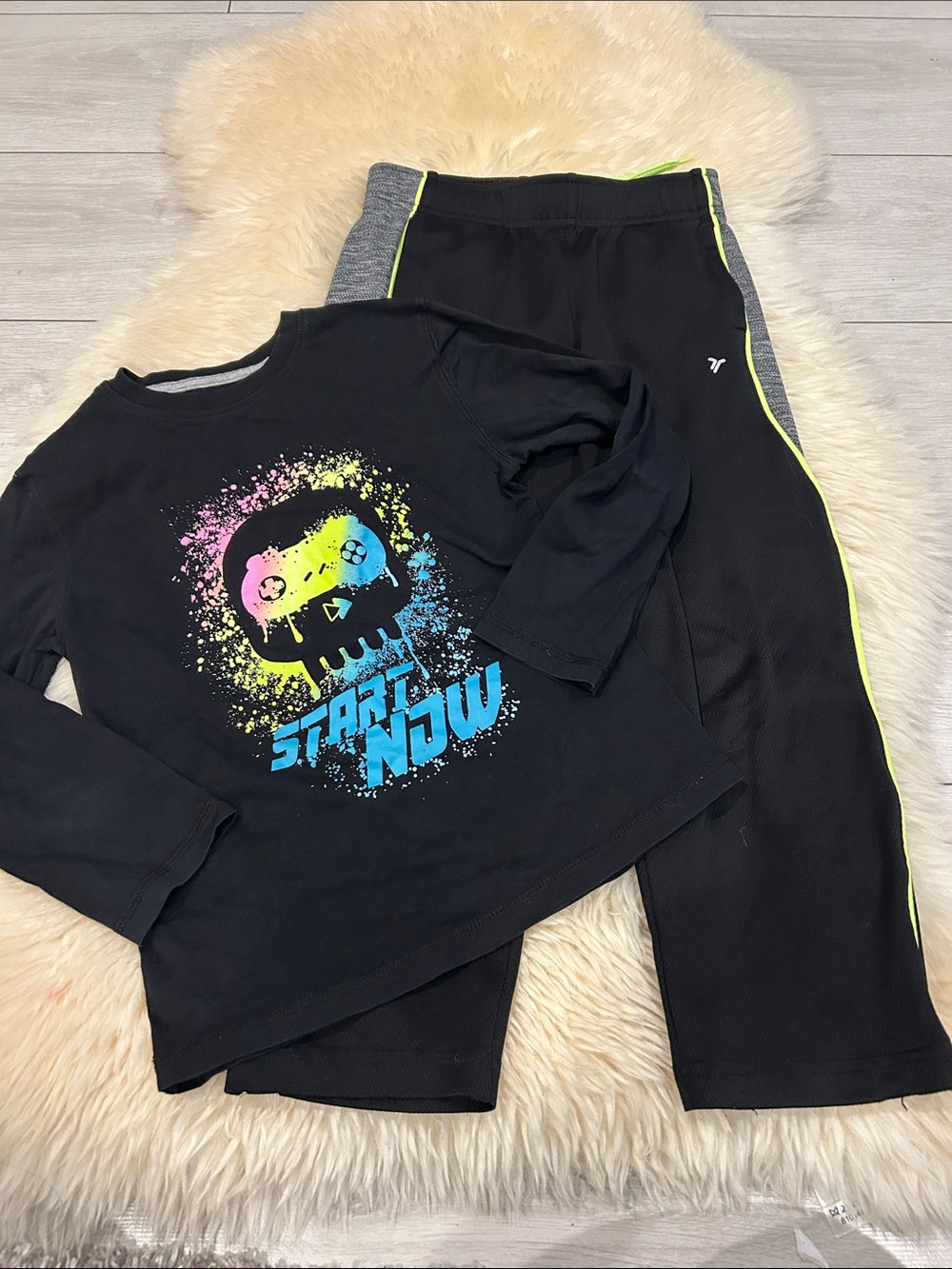 Kids Black Graphic Pajama Set with Neon Accents